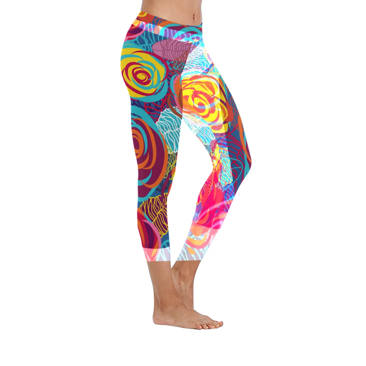 Colorful Roses Women's Low Rise Capri Leggings (Invisible Stitch) (Model L08)