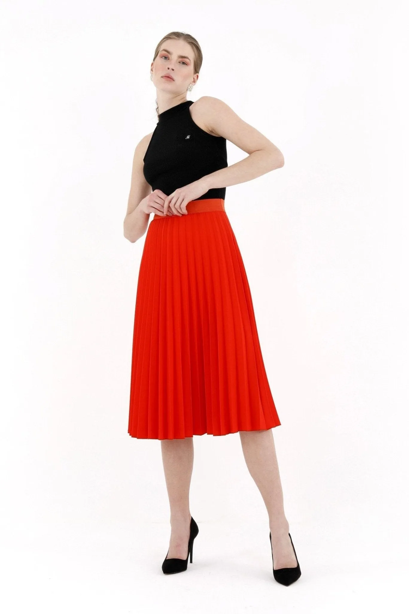 Coral Pleated Skirt High Waist Elastic Waist Band Midi Skirt