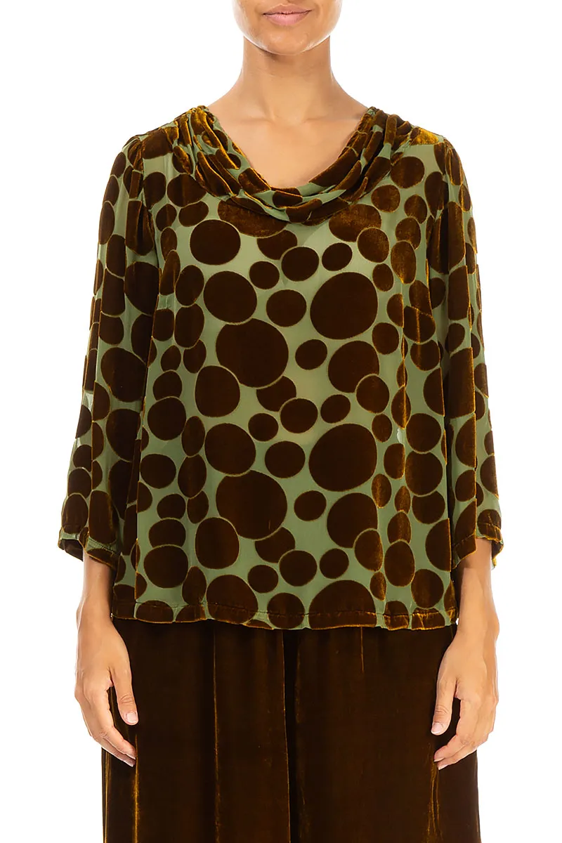 Cowl Neck Devoré Bubbles Golden Olive Silk Velvet Blouse