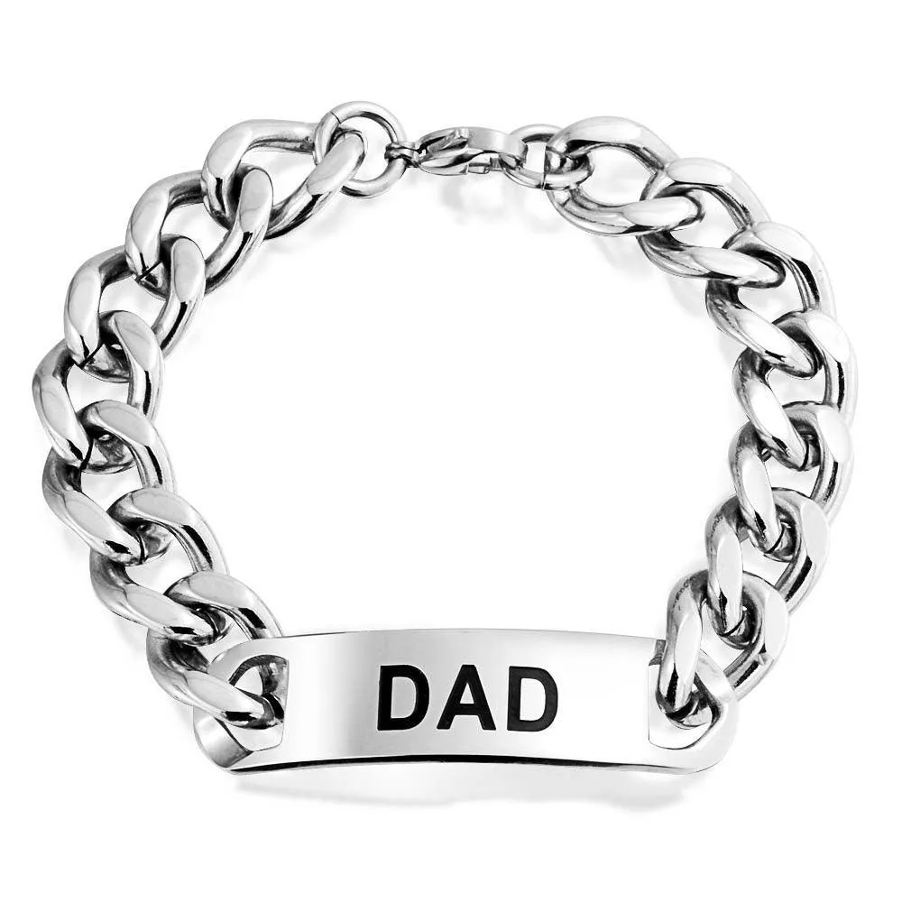 Daddy Name Plated Bike Chain DAD ID Bracelet for Men Silver Tone Stainless Steel