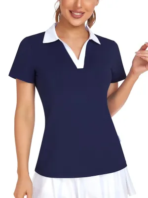 Dark Blue with White V-neck Short-sleeve Golf Polo for Women