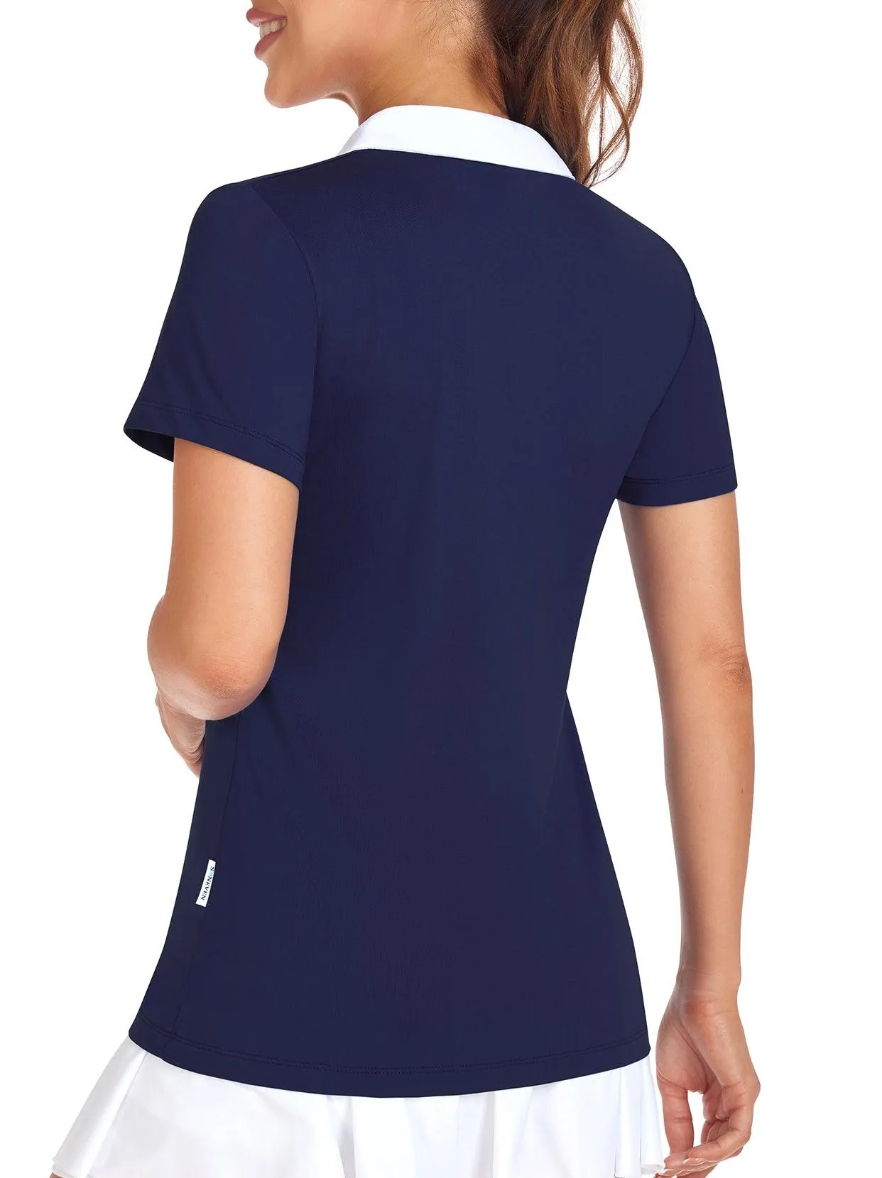 Dark Blue with White V-neck Short-sleeve Golf Polo for Women