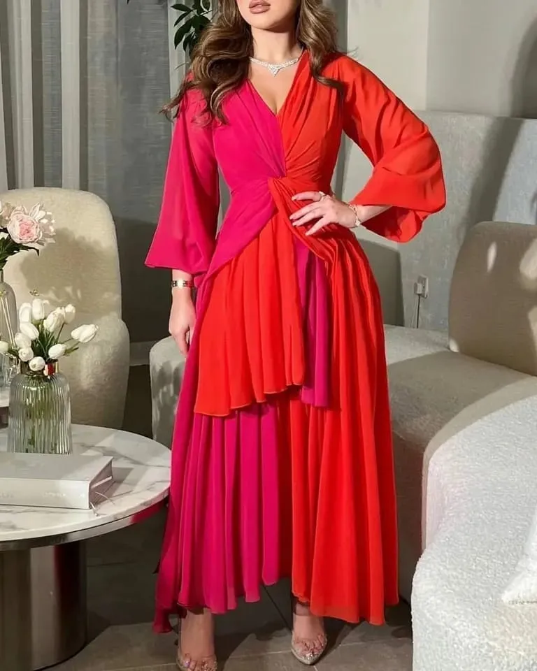 Dubai Women Saudi Arabia Prom Dresses Long Sleeves V Neck Evening Party Formal Occasion Gowns S4820447