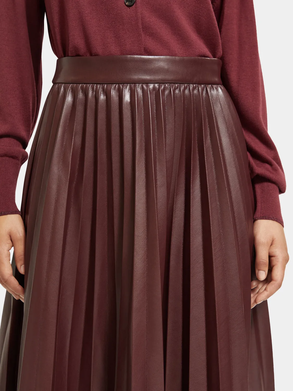 Faux leather pleated high-rise midi skirt