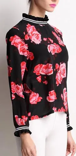 Floral-Printed Ruffled Silk Blouse, Black