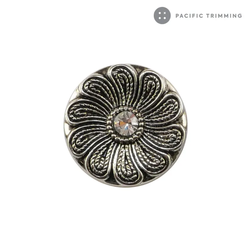 Flower Patterened Metal with Rhinestone Shank Button