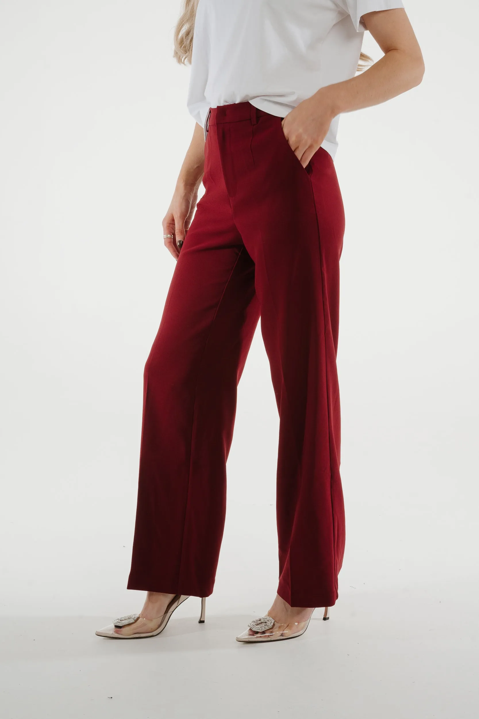 Freya Pleat Front Straight Leg Trouser In Wine