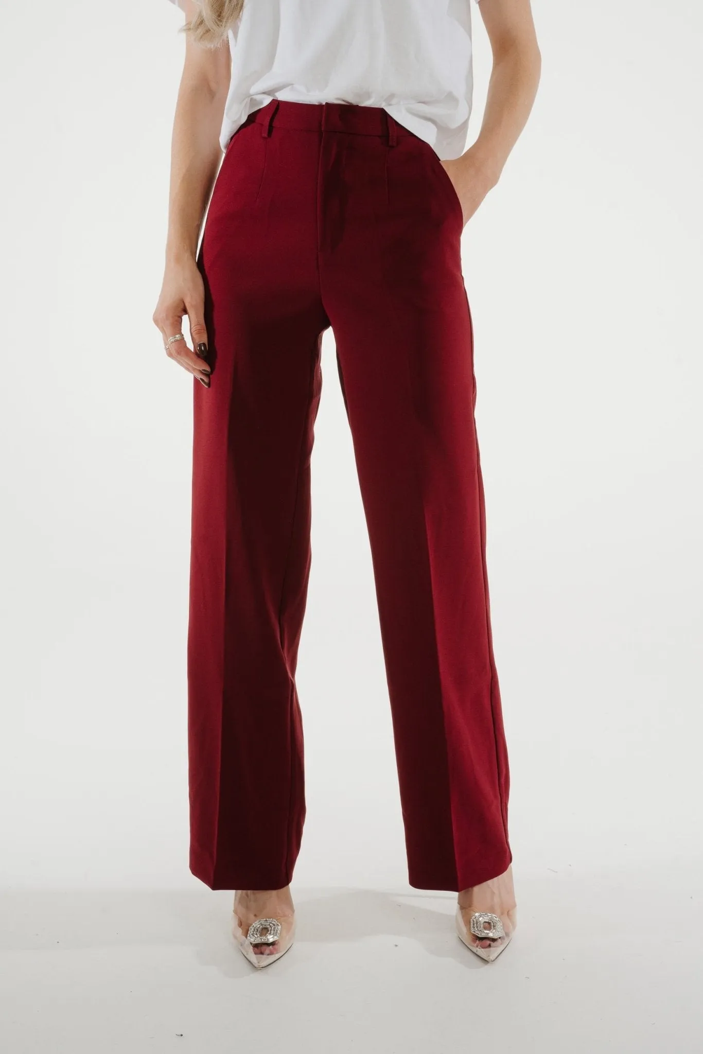 Freya Pleat Front Straight Leg Trouser In Wine