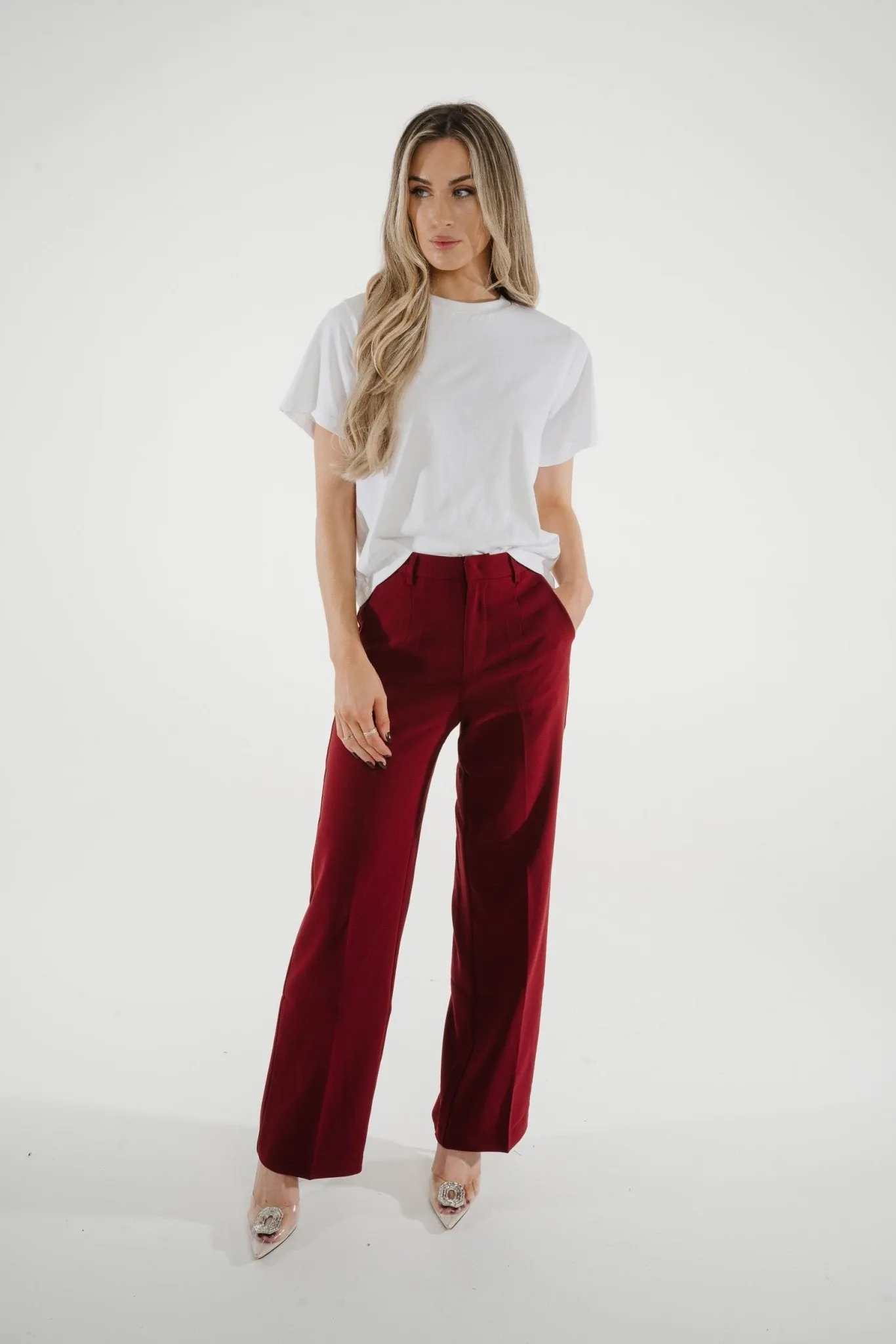 Freya Pleat Front Straight Leg Trouser In Wine