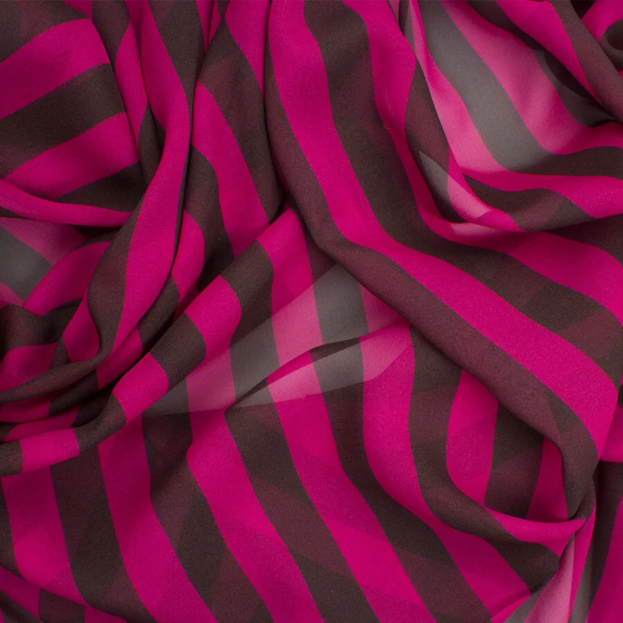 Fuchsia Pink & Black Wide Striped Silk Georgette