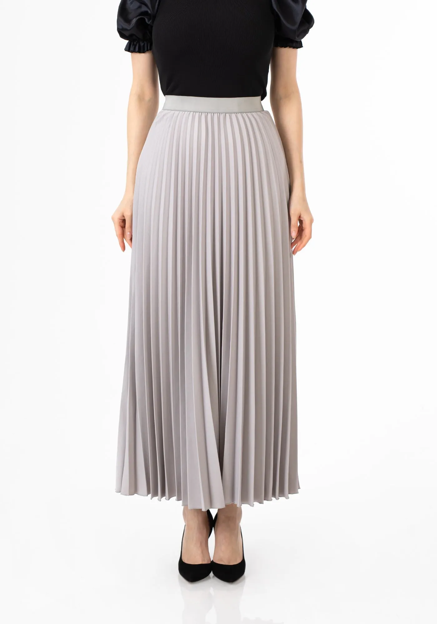 Grey Pleated Maxi Skirt Elastic Waist Band Ankle Length Plisse Skirt