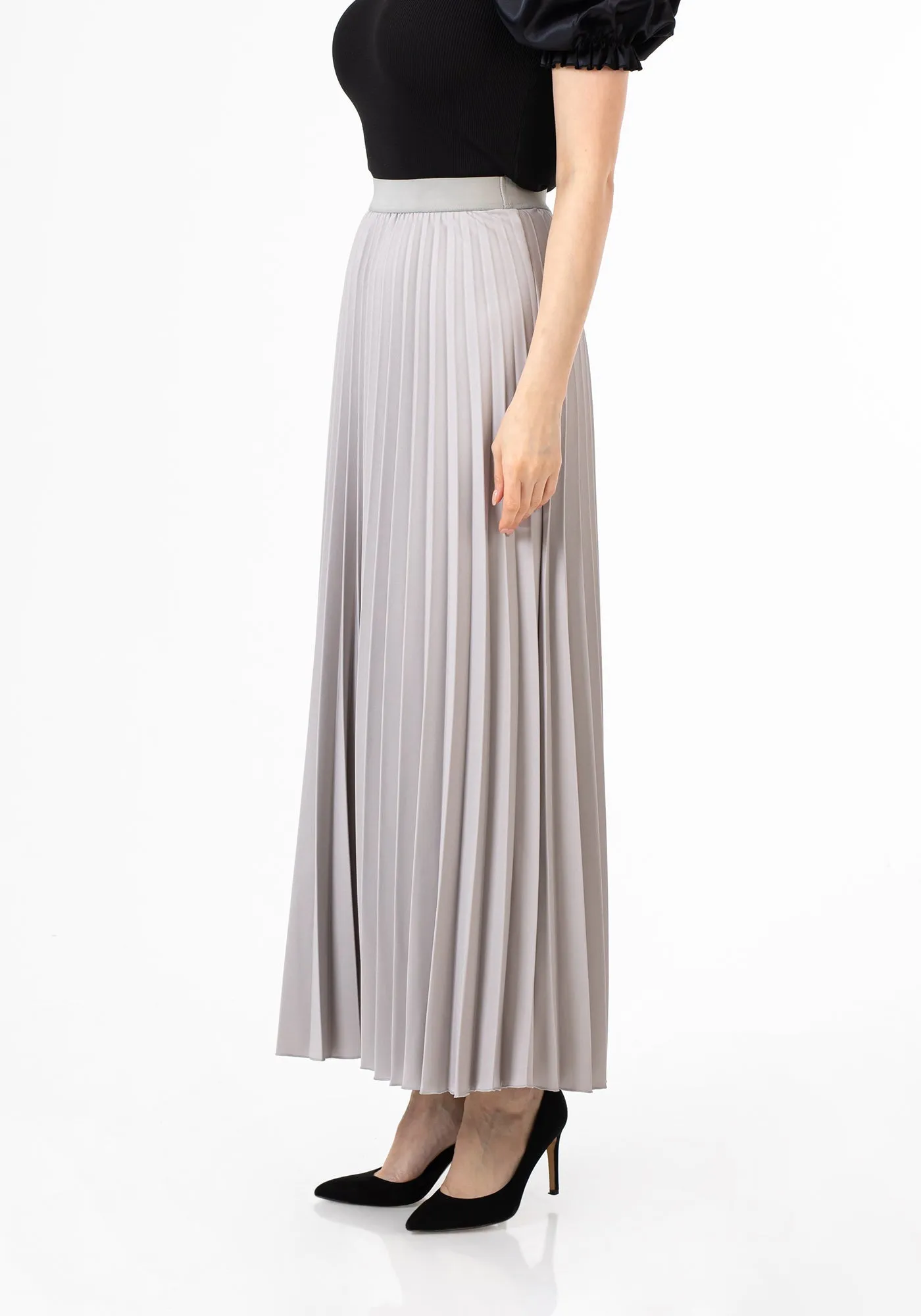 Grey Pleated Maxi Skirt Elastic Waist Band Ankle Length Plisse Skirt