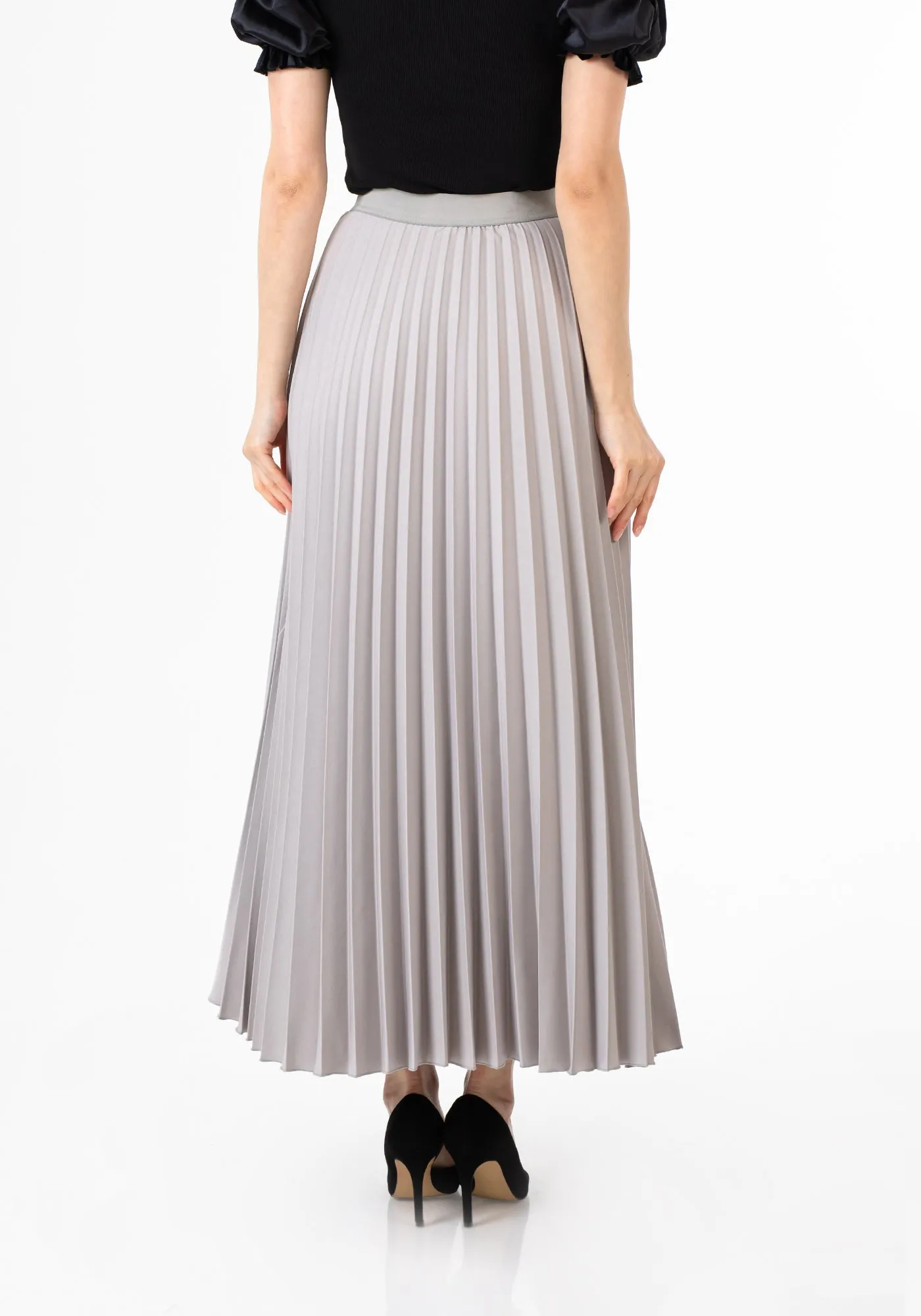 Grey Pleated Maxi Skirt Elastic Waist Band Ankle Length Plisse Skirt