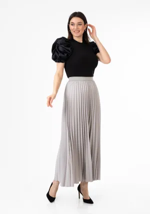 Grey Pleated Maxi Skirt Elastic Waist Band Ankle Length Plisse Skirt