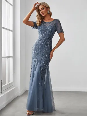 Ivy | Floral Sequin Maxi Fishtail Tulle Formal Evening Dress with Short Sleeve