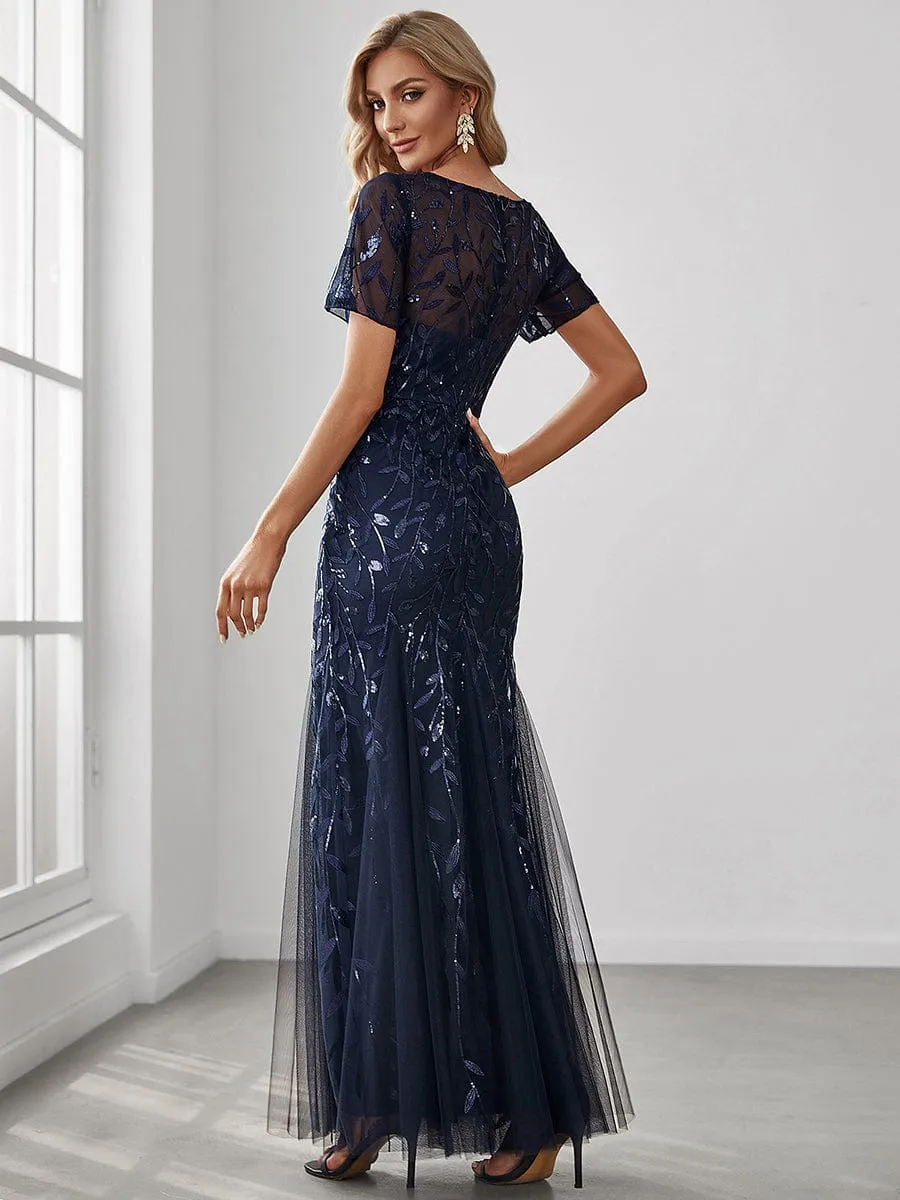 Ivy | Floral Sequin Maxi Fishtail Tulle Formal Evening Dress with Short Sleeve