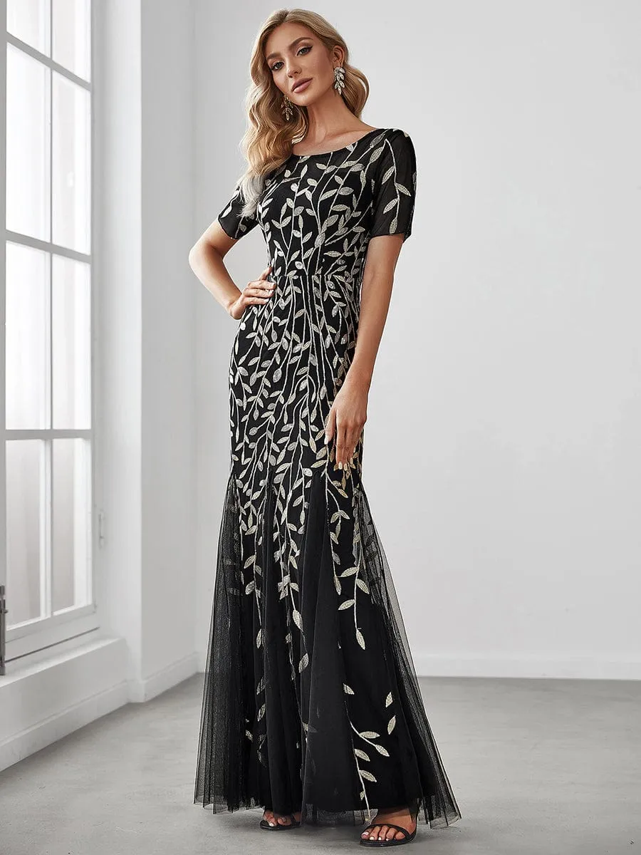 Ivy | Floral Sequin Maxi Fishtail Tulle Formal Evening Dress with Short Sleeve