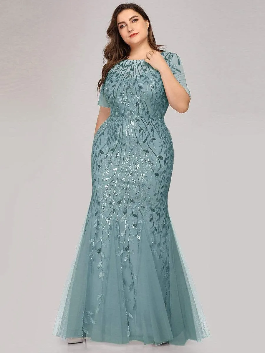 Ivy | Floral Sequin Maxi Fishtail Tulle Formal Evening Dress with Short Sleeve