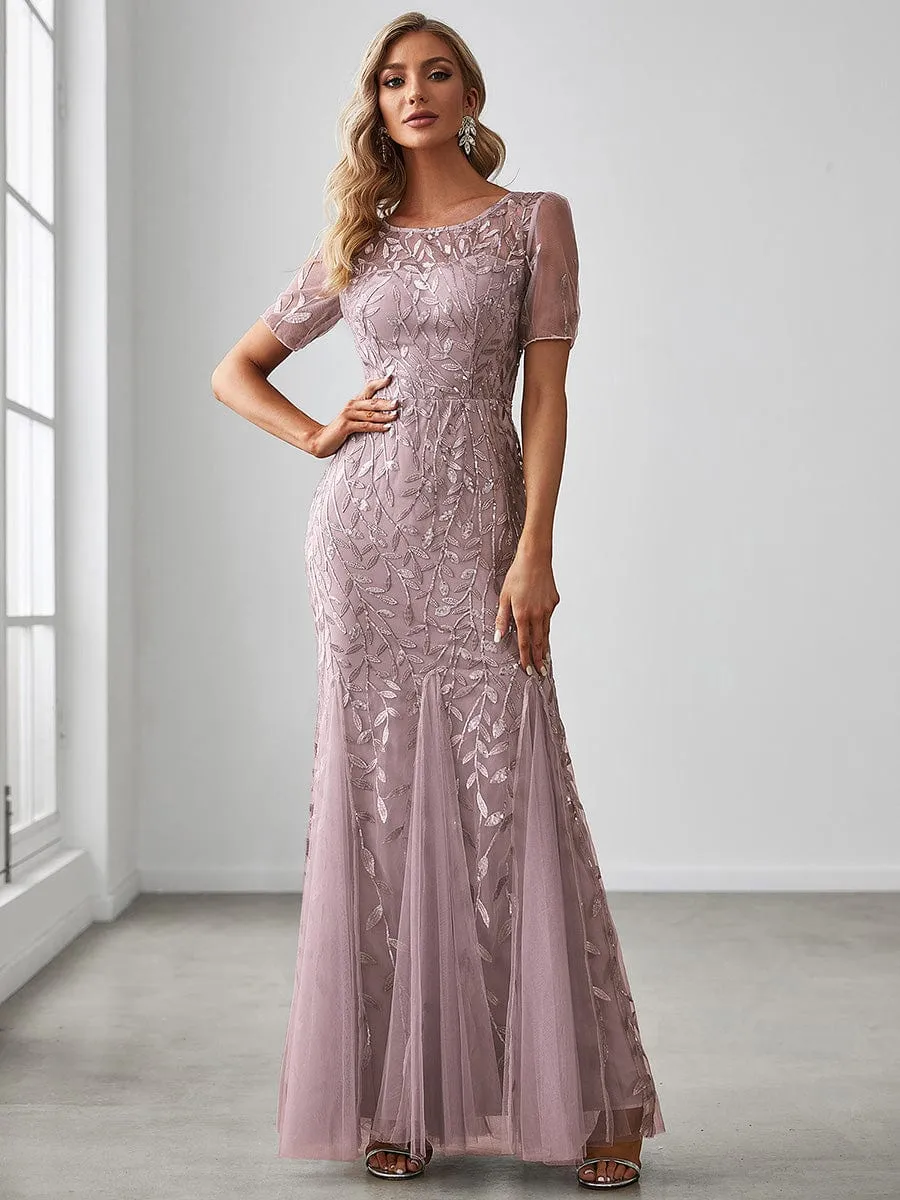 Ivy | Floral Sequin Maxi Fishtail Tulle Formal Evening Dress with Short Sleeve