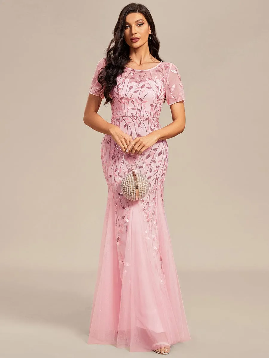 Ivy | Floral Sequin Maxi Fishtail Tulle Formal Evening Dress with Short Sleeve