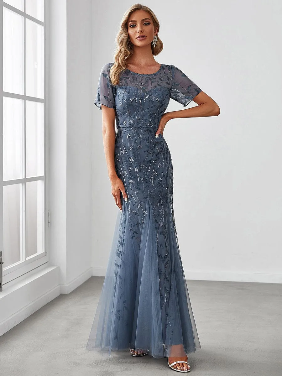 Ivy | Floral Sequin Maxi Fishtail Tulle Formal Evening Dress with Short Sleeve