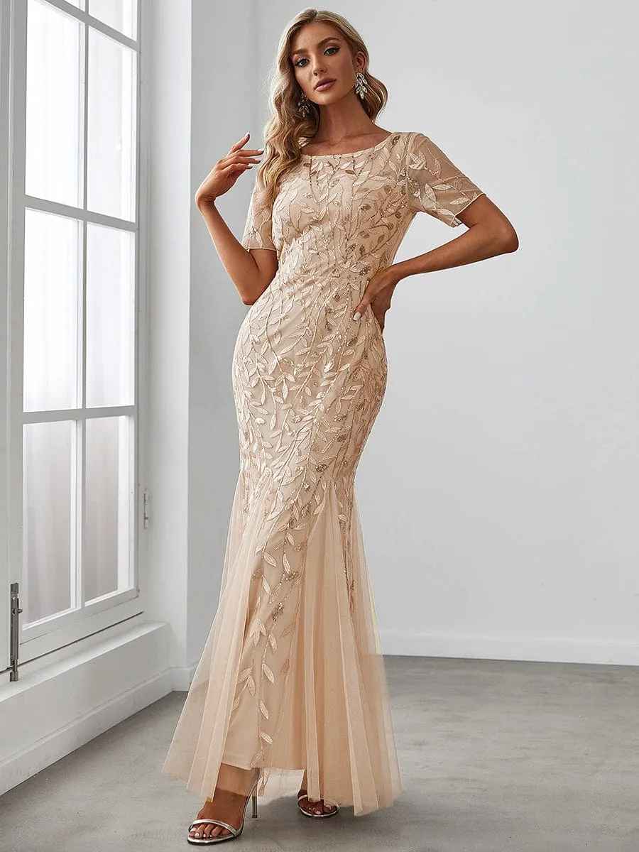 Ivy | Floral Sequin Maxi Fishtail Tulle Formal Evening Dress with Short Sleeve