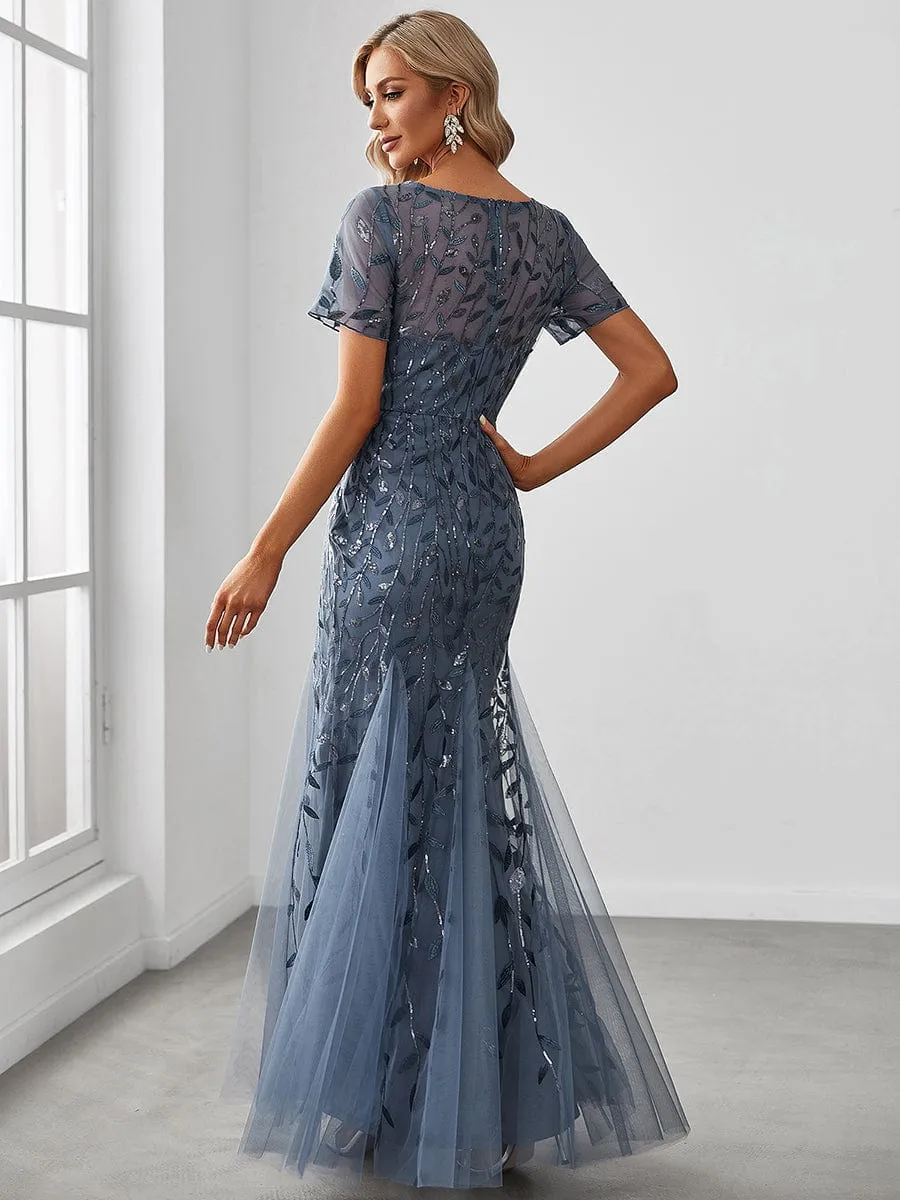 Ivy | Floral Sequin Maxi Fishtail Tulle Formal Evening Dress with Short Sleeve