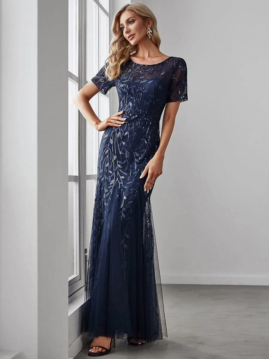 Ivy | Floral Sequin Maxi Fishtail Tulle Formal Evening Dress with Short Sleeve