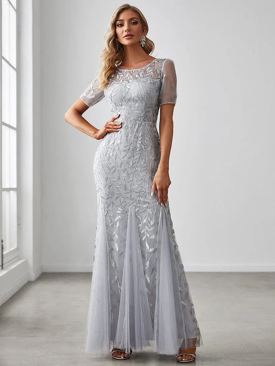 Ivy | Floral Sequin Maxi Fishtail Tulle Formal Evening Dress with Short Sleeve