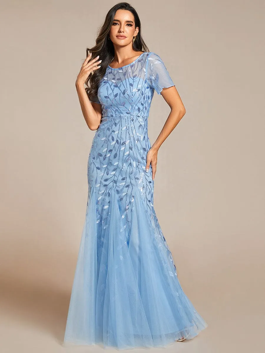 Ivy | Floral Sequin Maxi Fishtail Tulle Formal Evening Dress with Short Sleeve