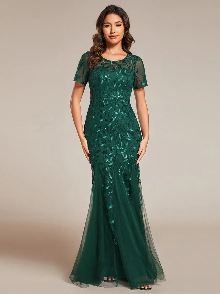 Ivy | Floral Sequin Maxi Fishtail Tulle Formal Evening Dress with Short Sleeve