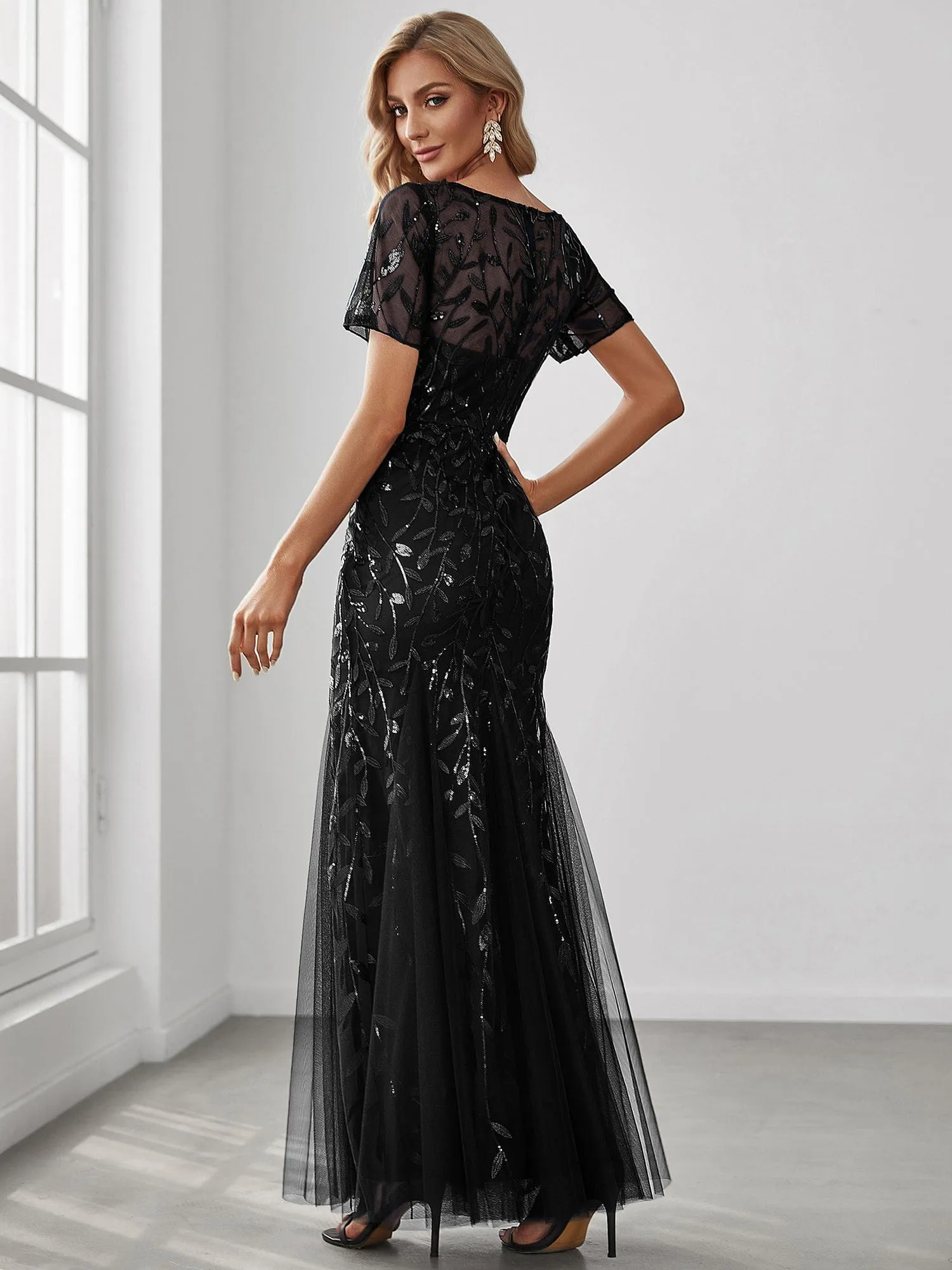 Ivy | Floral Sequin Maxi Fishtail Tulle Formal Evening Dress with Short Sleeve