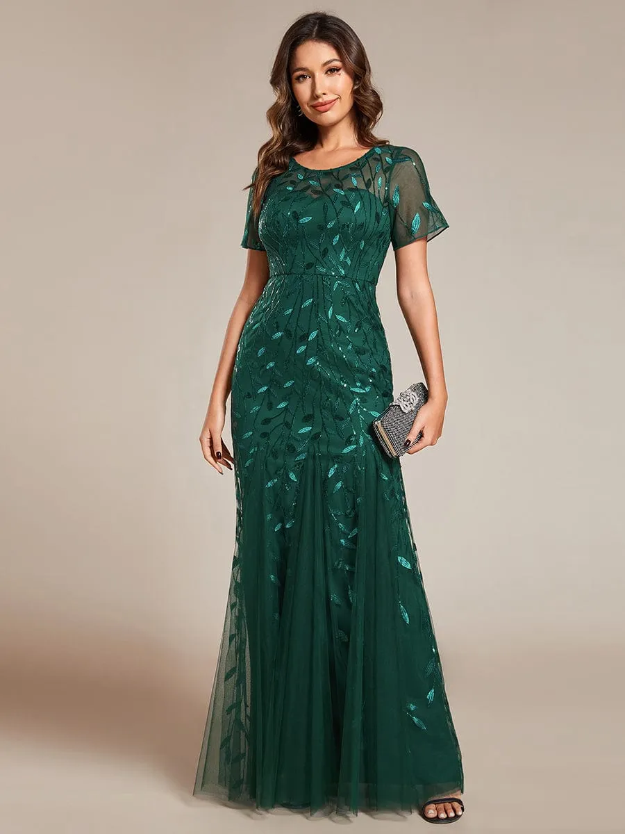 Ivy | Floral Sequin Maxi Fishtail Tulle Formal Evening Dress with Short Sleeve