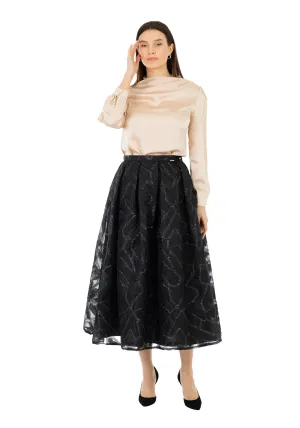 Jacquard Organza Flare Pleated Midi Skirt