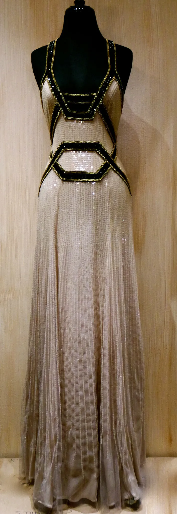 Jenny Packham Pearl Sequined Silk Gown with Black Sequin Criss-Cross Straps and Brass Beading