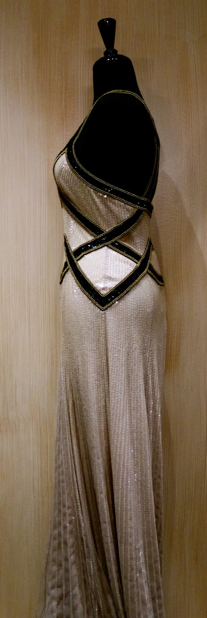 Jenny Packham Pearl Sequined Silk Gown with Black Sequin Criss-Cross Straps and Brass Beading