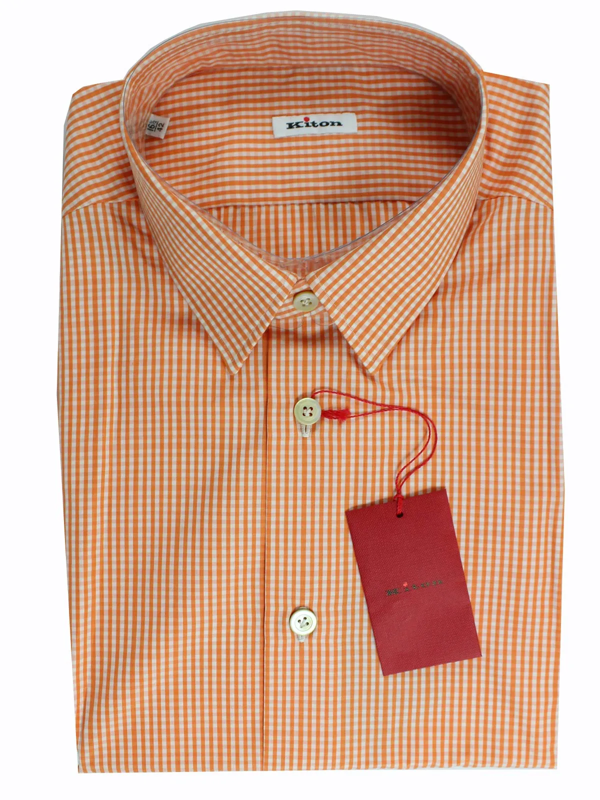 Kiton Short Sleeve Shirt White Orange Check 42 - 16 1/2 REDUCED - SALE