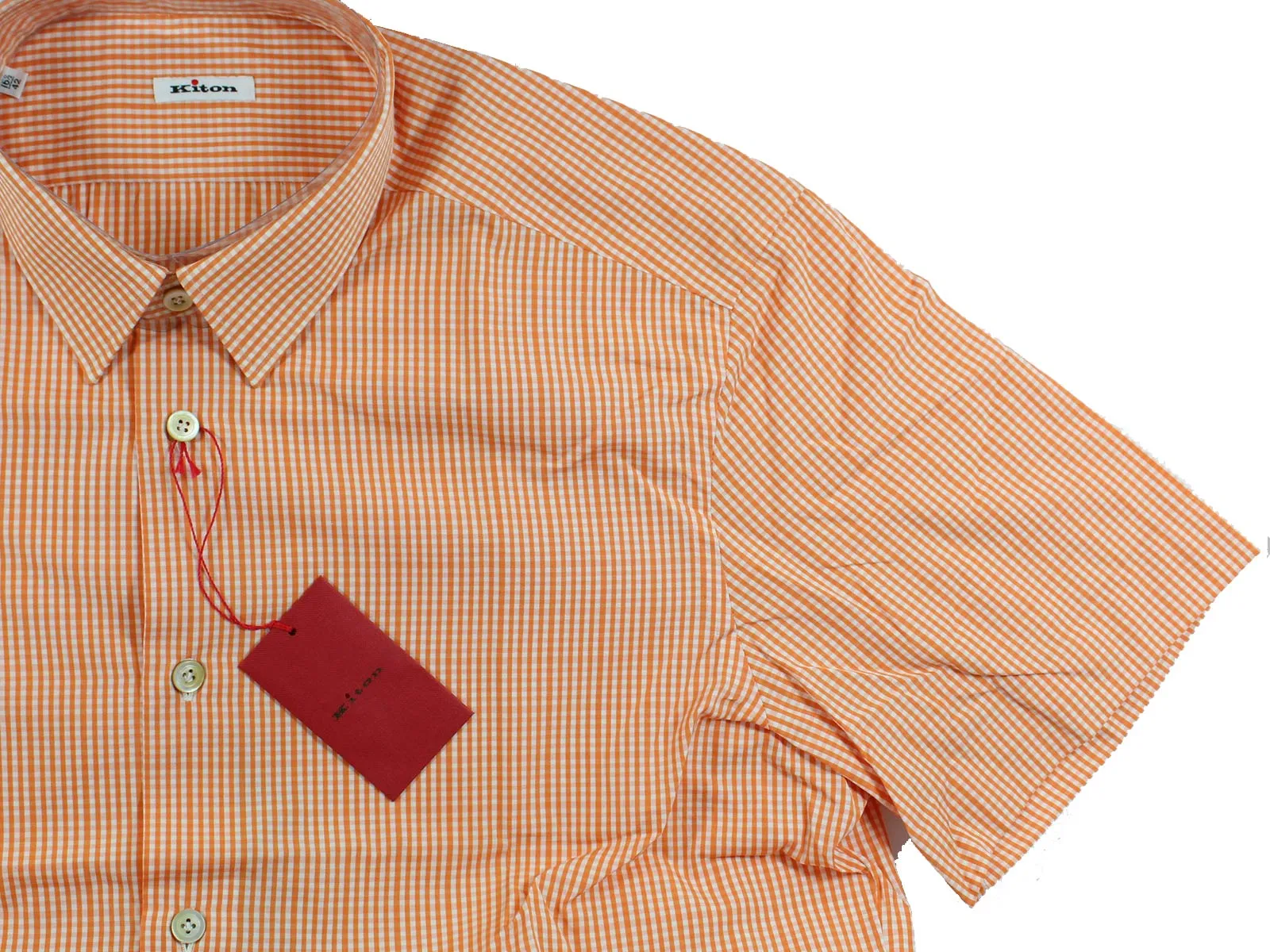 Kiton Short Sleeve Shirt White Orange Check 42 - 16 1/2 REDUCED - SALE