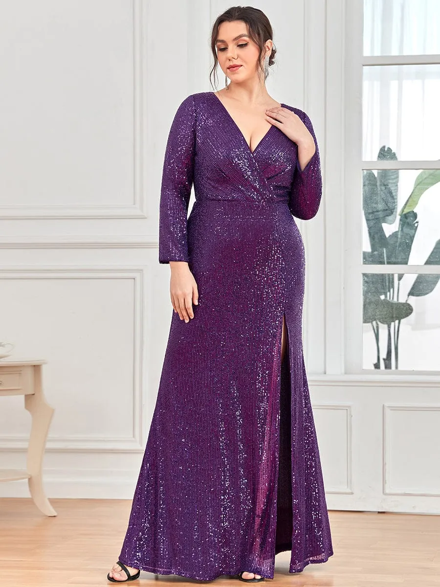 Lois | Shiny V Neck Sequin Long Sleeves Evening Dress