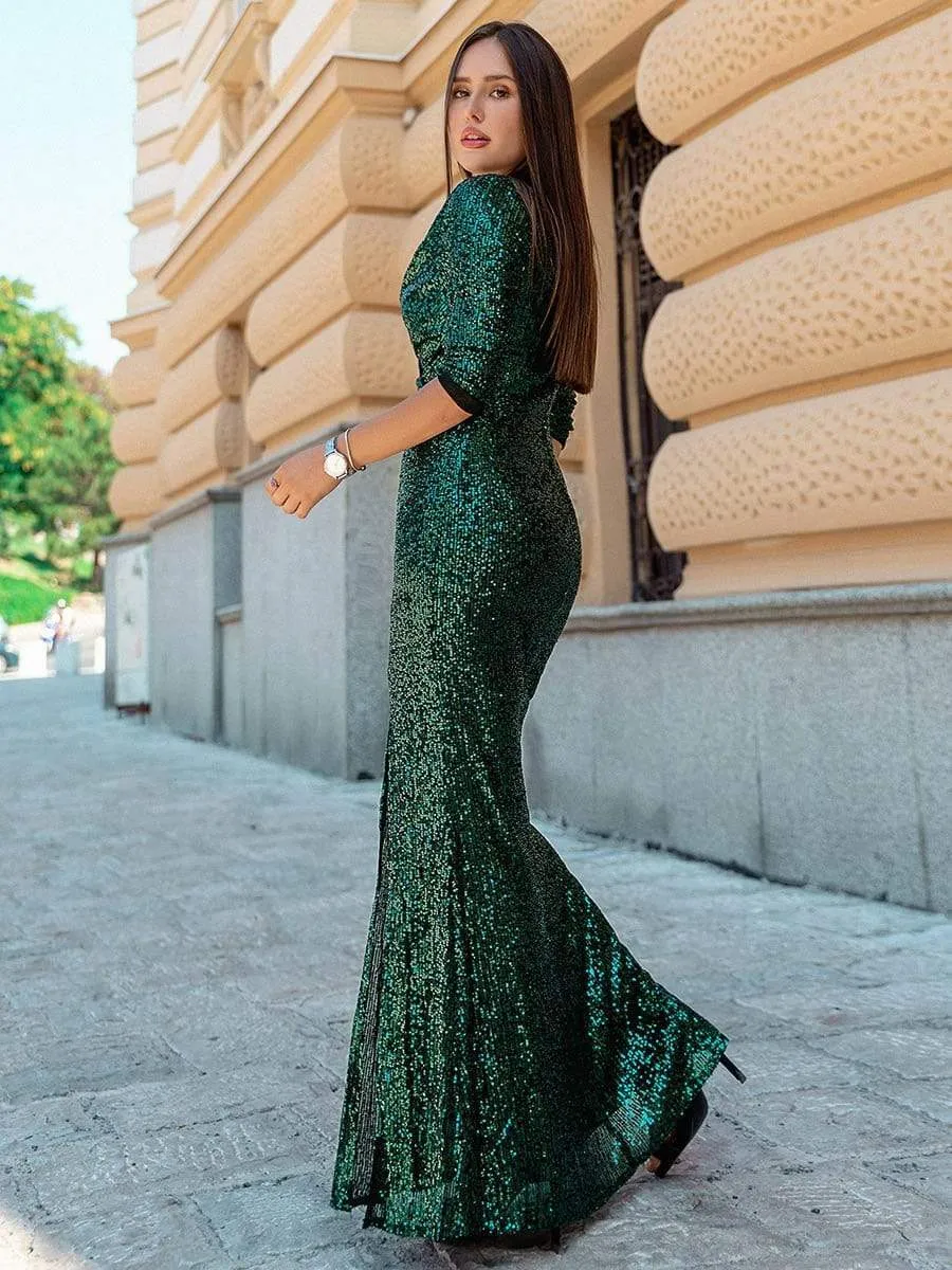 Lois | Shiny V Neck Sequin Long Sleeves Evening Dress