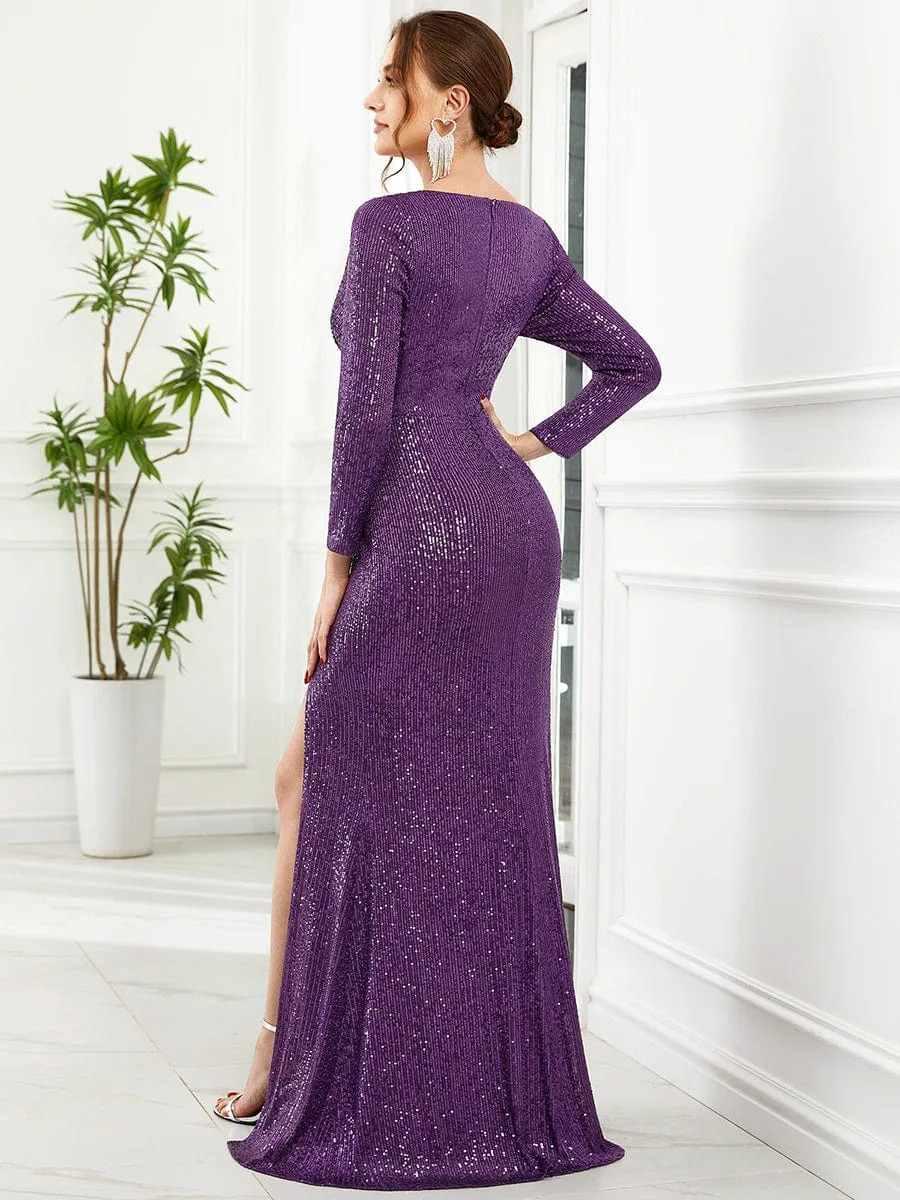 Lois | Shiny V Neck Sequin Long Sleeves Evening Dress