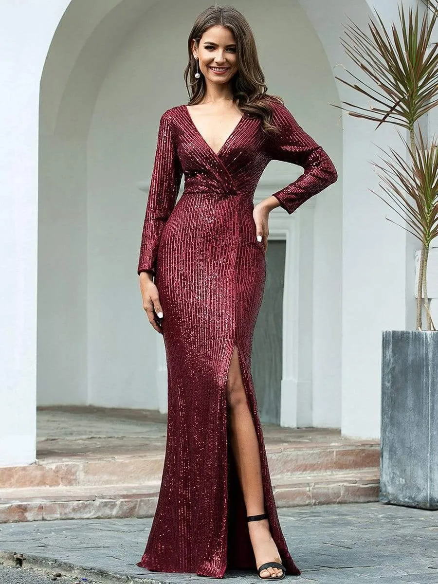 Lois | Shiny V Neck Sequin Long Sleeves Evening Dress