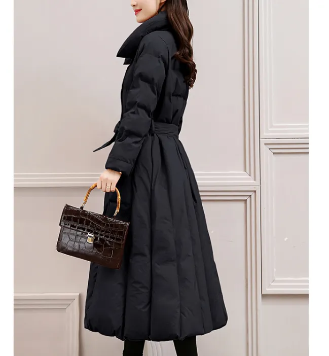 Long Winter Puffer Coat Thick Winter Waist Belt Women Down Coats 30214