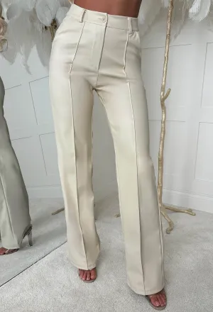 Luxe Destiny Cream Faux Leather Straight Leg Trousers