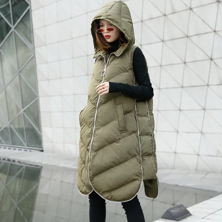 Luxury army green Parka casual hooded down over coat women Sleeveless trench coat