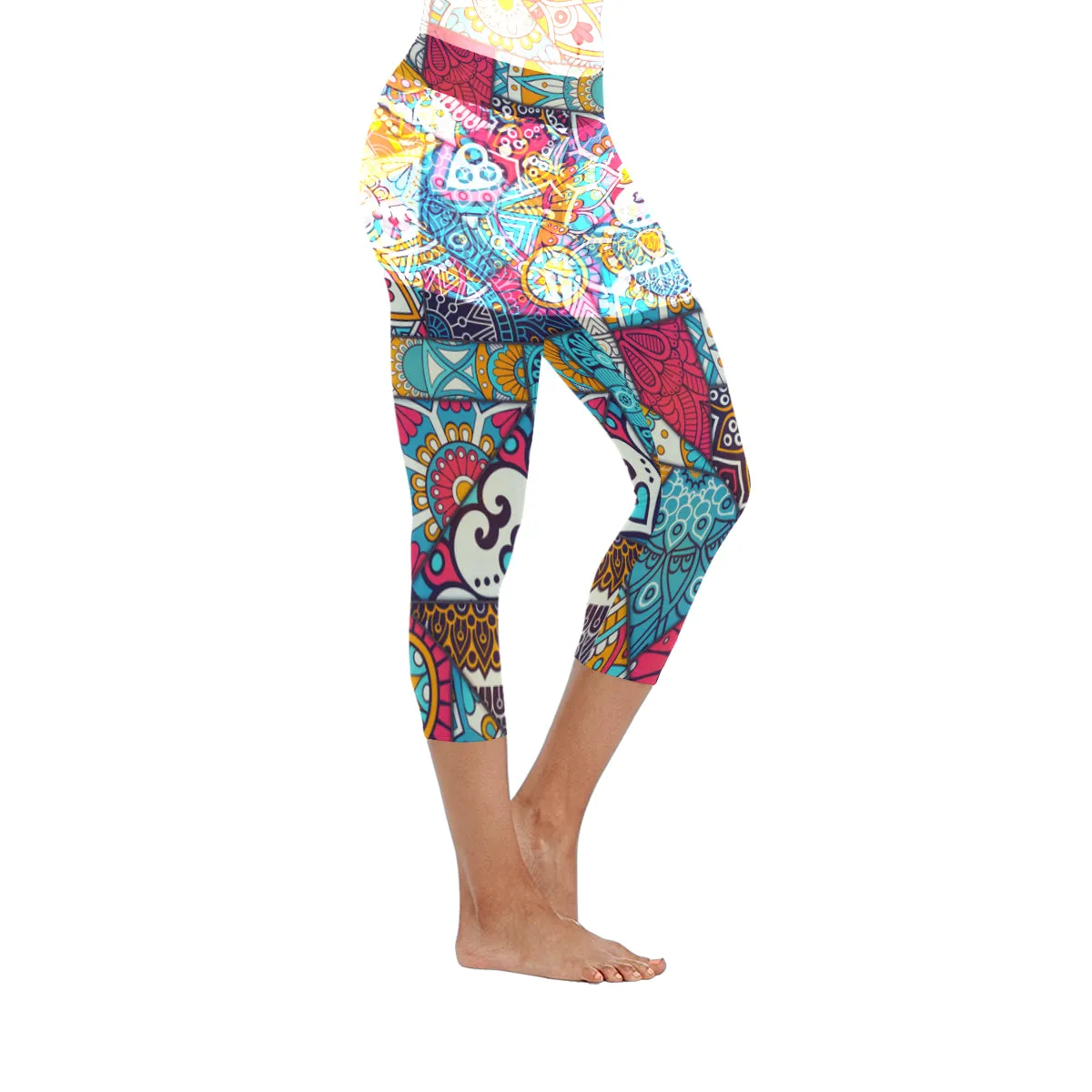 Mandala Patchwork pattern Women's Low Rise Capri Leggings (Invisible Stitch)