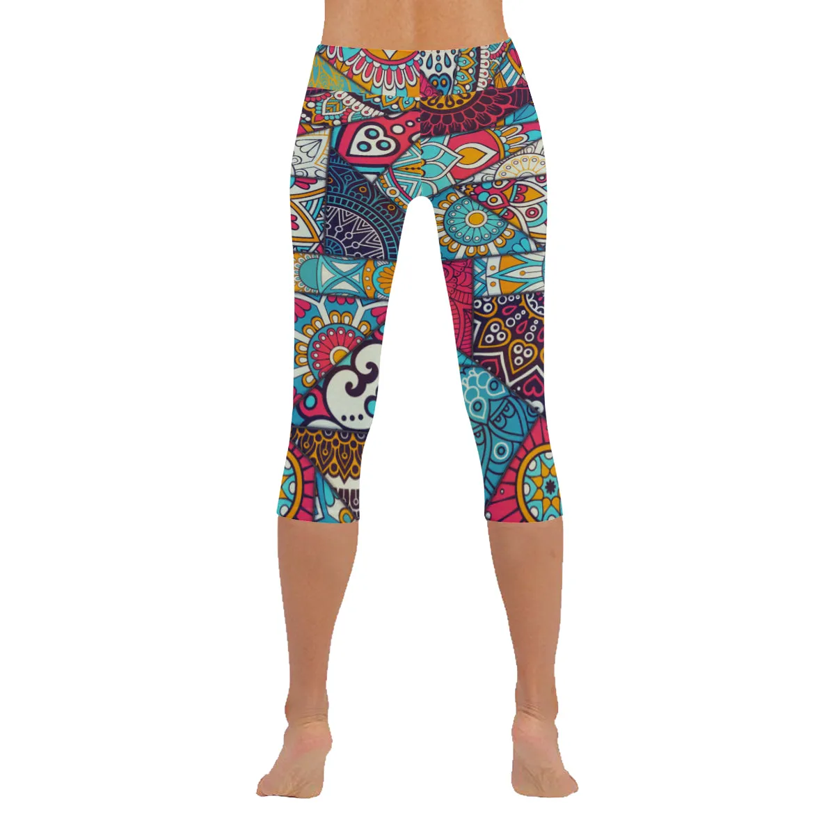 Mandala Patchwork pattern Women's Low Rise Capri Leggings (Invisible Stitch)