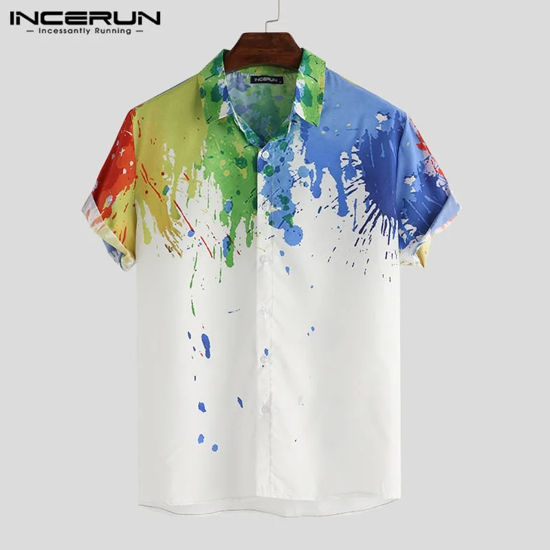 Men Brand Splashed Ink Print Short Sleeve Lapel Neck Casual Shirt