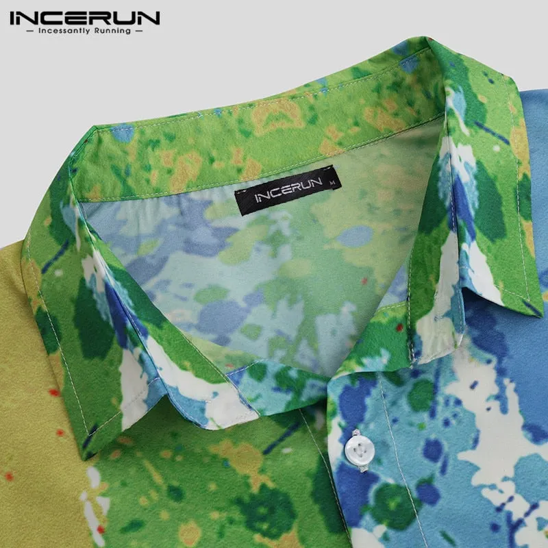 Men Brand Splashed Ink Print Short Sleeve Lapel Neck Casual Shirt