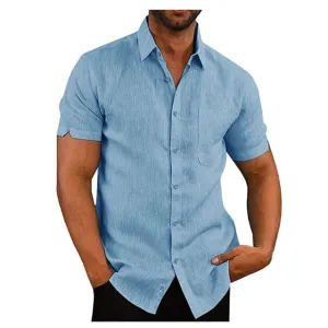 Men Button Up Short Sleeve Lapel Collar Shirt